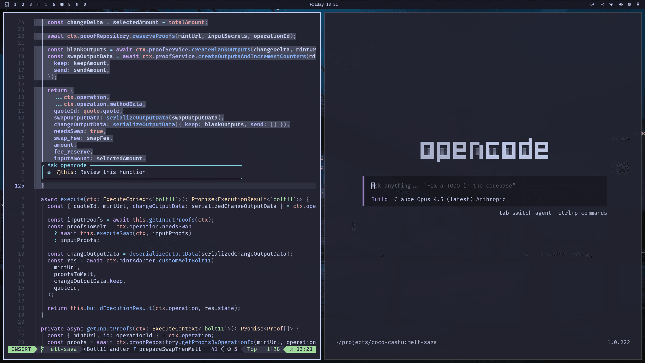 Screenshot of opencode and nvim